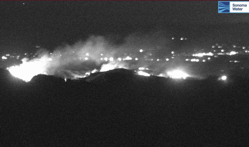 An image from a Sonoma Water fire camera on Mount Jackson, looking east at the Walbridge fire, around 10:20 p.m. on Monday, Sept. 7, 2020.