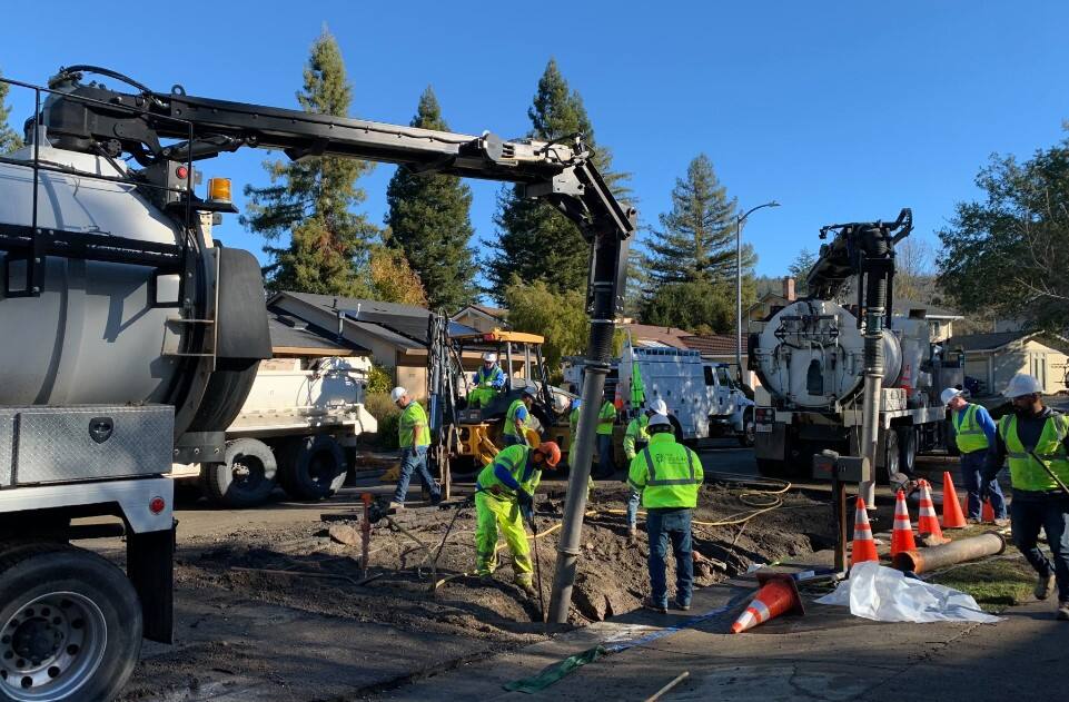 Santa Rosa Water workers at the scene of a water main break in Santa Rosa’s Bennett Valley neighborhood, Monday, Dec. 12, 2022. (Santa Rosa Water)