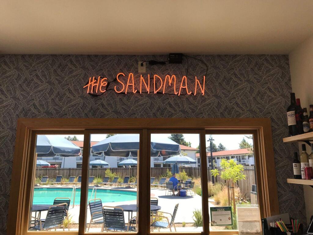 View from inside the poolside bar at The Sandman hotel in Santa Rosa. The property's 135 rooms were installed with amenity dispensers during its 2017-18 renovations. (Cheryl Sarfaty / North Bay Business Journal June 2018)