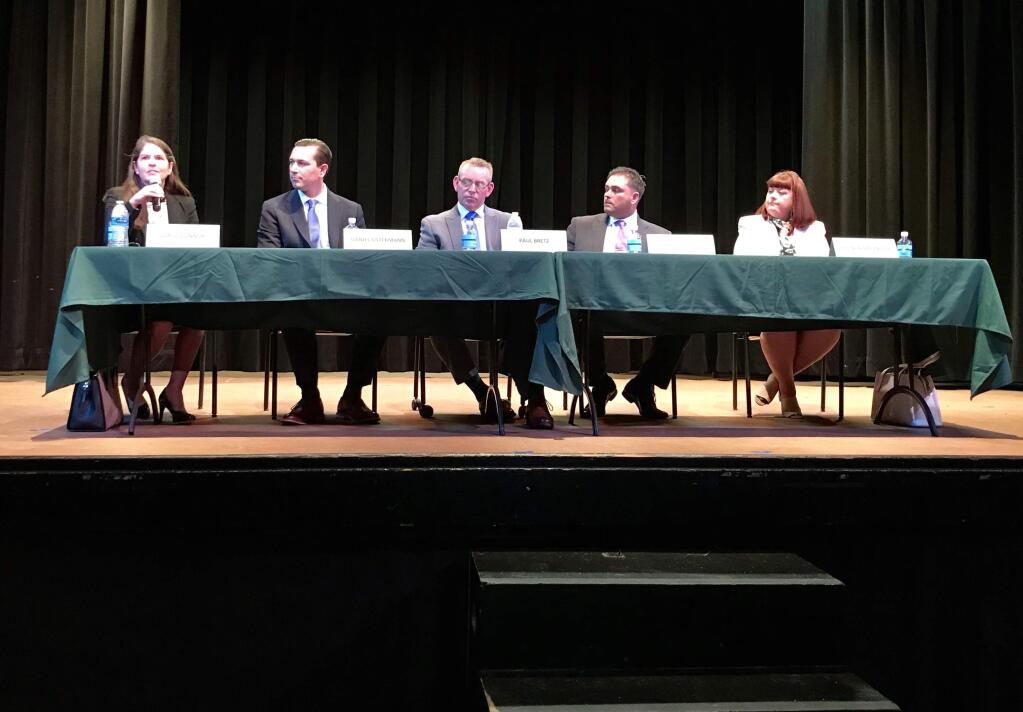 From left to right, the candidates for SVHS principal include Lori O'Connor, Daniel Ostermann, Paul Bretz, Jarrod Bordi and Belinda Mountjoy.