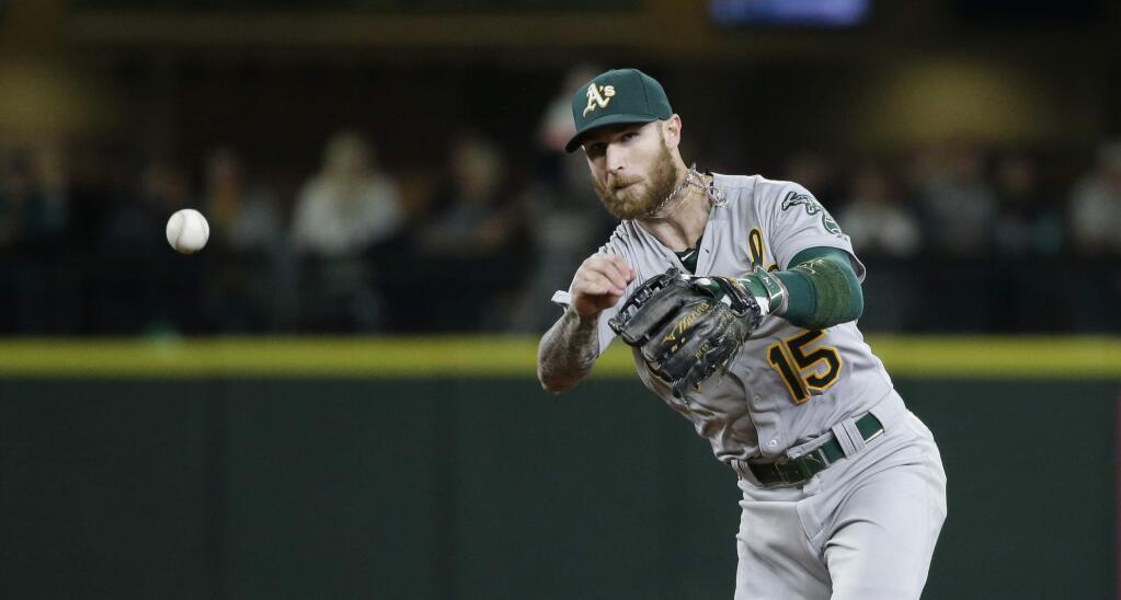 FILE - In this Friday, Oct. 2, 2015 file photo, Oakland Athletics second baseman Brett Lawrie in action in a baseball game in Seattle. The Athletics have traded third baseman Brett Lawrie, as the club had been expected to try to do during baseballís winter meetings, sending him to the Chicago White Sox for right-hander J.B. Wendelken and minor league left-hander Zack Erwin, Wednesday, Dec. 9, 2015. (AP Photo/Elaine Thompson, File)