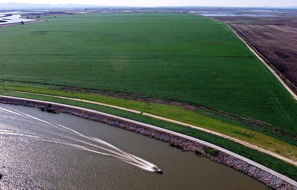 A boat passes Webb Tract farmland as it makes its way through the Sacramento-San Joaquin Delta near Isleton. (RICH PEDRONCELLI / Associated Press, 2001)