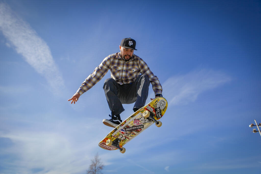 Miguel Zarate, a Petaluma police officer, is an avid skateboarder. While off duty he can often be found catching air at the Petaluma Skatepark. Thursday, March 2, 2023. (CRISSY PASCUAL/ARGUS-COURIER STAFF)