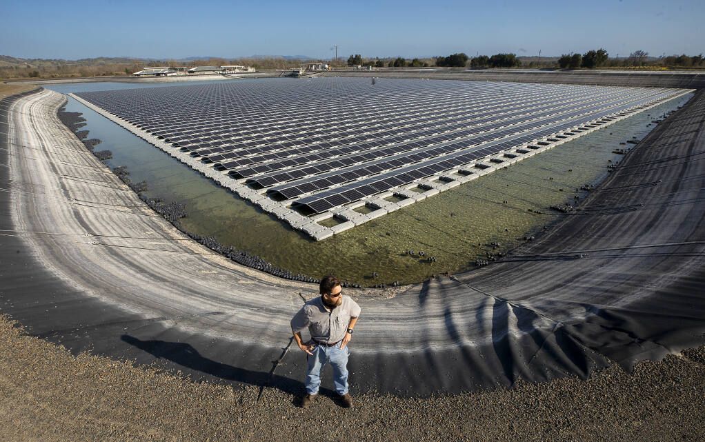 Rob Scates, the city of Healdsburg water/wastewater manager, stands on the edge of a 25 million gallon wastewater tertiary pond with a solar array containing 11,600 panels on Thursday, March 4, 2021. The panels shield the water from the sun, preventing algae buildup in the pond, while producing nearly 5 megawatts of clean power for the city. (John Burgess / The Press Democrat)