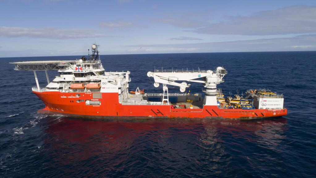 This undated handout picture released Wednesday, Jan. 10, 2018 by the company Ocean Infinity shows the vessel 'Seabed Constructor' which has been dispatched to the southern Indian Ocean to search for the wreckage of the missing plane, MH370. Malaysia's government said Wednesday it will pay U.S. company Ocean Infinity up to $70 million if it can find the wreckage or black boxes of Malaysia Airlines Flight 370 within three months, in a renewed bid to solve the plane's disappearance nearly four years ago. (Ocean Infinity via AP)