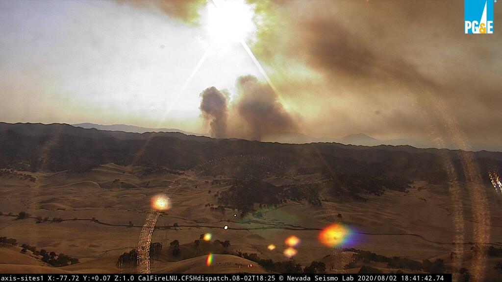 Smoke is seen in the Sites area from one of the nearby North Bay wildfire alert cameras, on Sunday, Aug. 2, 2020. (alertwildfire.org)