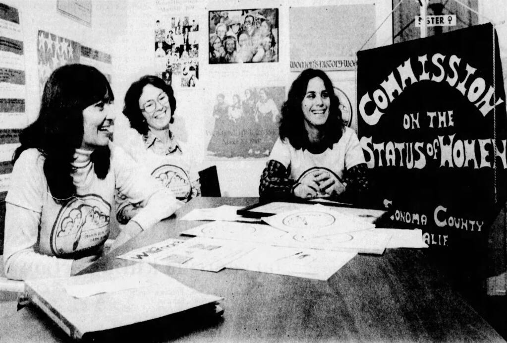 From left, Bette Morgan, Mary Ruthsdotter and Bonnie Eisenberg at a National Women’s History Week Project meeting in Sonoma County in March 1981. (Doug Brown / The Argus-Courier)