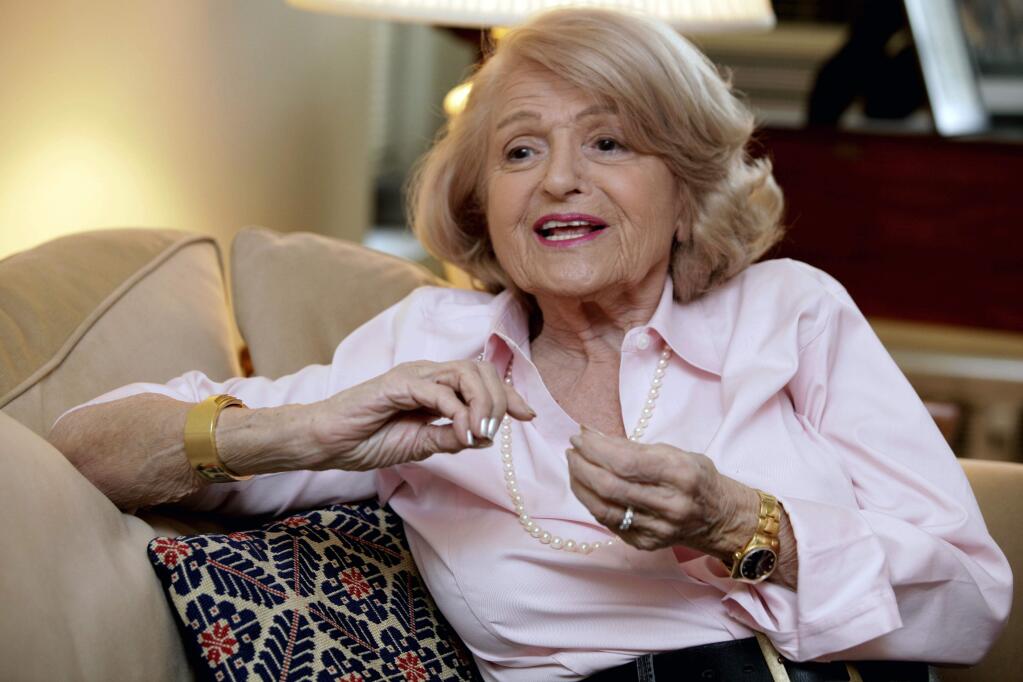 FILE - In this Dec. 12, 2012 file photo, Edith Windsor speaks during an interview in her New York City apartment. Windsor, who brought a Supreme Court case that struck down parts of a federal law that banned same-sex marriage, died Tuesday, Sept. 12, 2017, in New York, according to her attorney. She was 88.(AP Photo/Richard Drew, File)