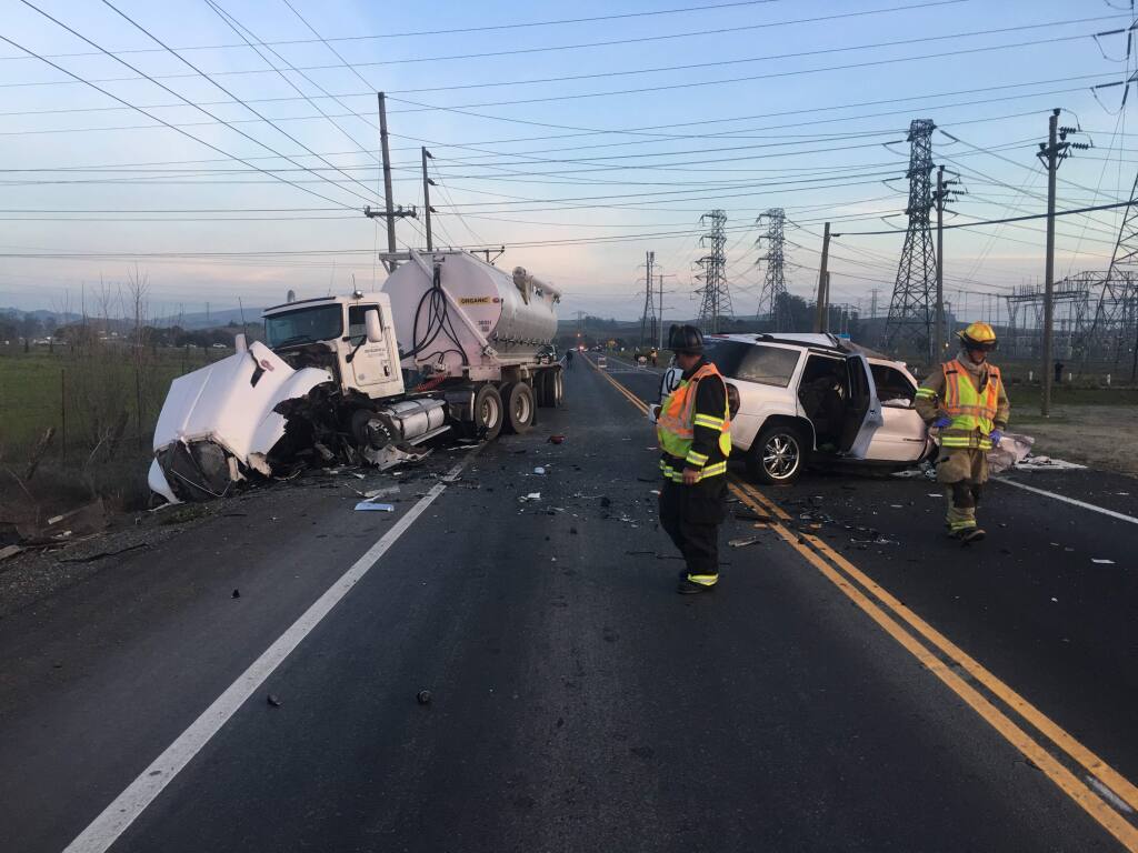 The driver of an SUV died Friday afternoon after a head-on collision with a big rig on Old Adobe Road east of Petaluma. (Rancho Adobe Fire Protection District)