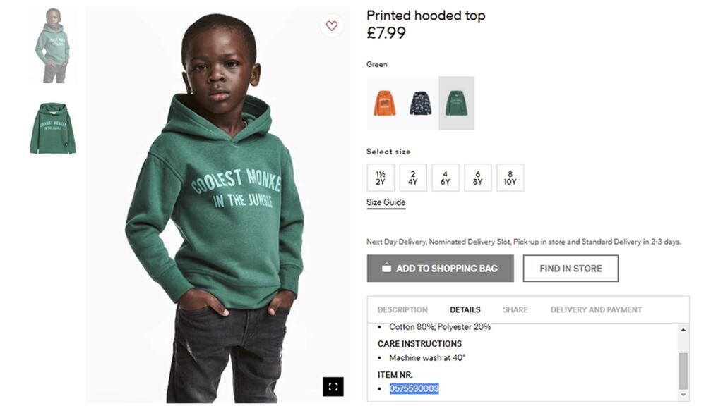 An undated photo of an advertisment for a hoodie by H&M. Clothing giant H&M has apologized Monday, Jan. 8, 2017, and removed an advertising image of a black model in a sweatshirt with the words “Coolest monkey in the jungle.'' (H&M via AP)