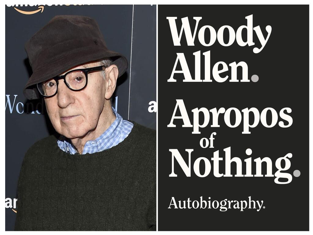 This combination photo shows director Woody Allen at a special screening of 'Wonder Wheel' in New York on Nov. 14, 2017, left, and a cover image for 'Apropos of Nothing,' Allen's autobiography. Allen's memoir has been released with a new publisher. It was dropped last month after widespread criticism. But it came out Monday by Arcade Publishing with little advance notice. (AP Photo, left, Arcade Publishing via AP)