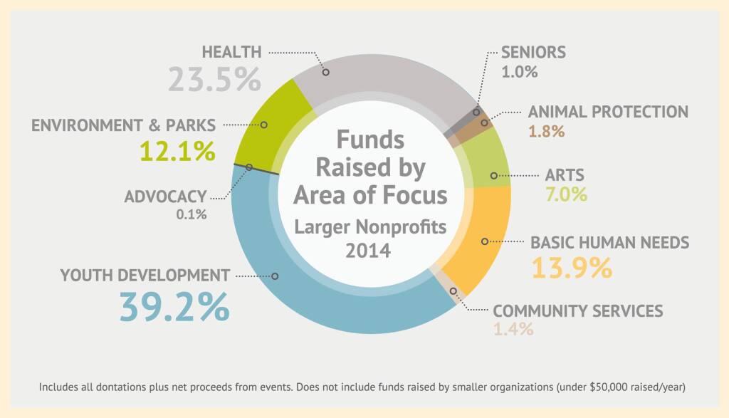 A graphic of the nonprofit community's funds raised by area of focus, according to the Hidden in Plain Sight report.