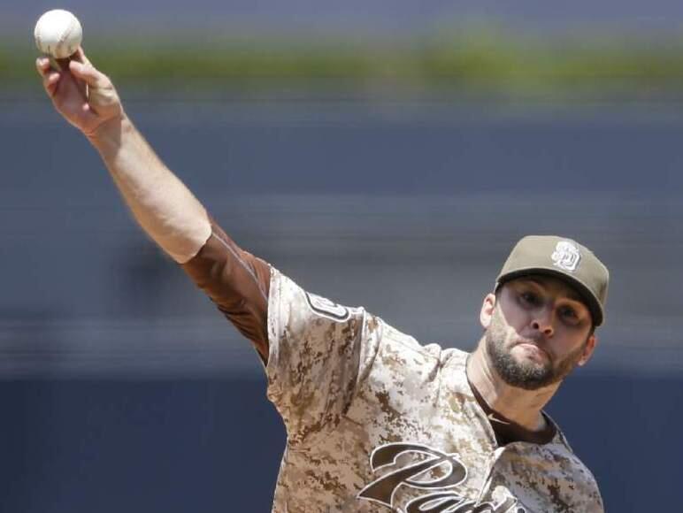 San Diego Padres pitcher Brandon Morrow throws against the Los Angeles Dodgers during the first inning Sunday, April 26, 2015, in San Diego. (AP Photo/Gregory Bull)