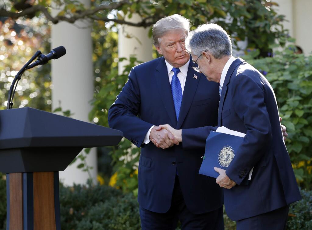 President Donald Trump shakes hands after announing Federal Reserve board member Jerome Powell as his nominee for the next chair of the Federal Reserve in the Rose Garden of the White House in Washington, Thursday, Nov. 2, 2017. (AP Photo/Pablo Martinez Monsivais)