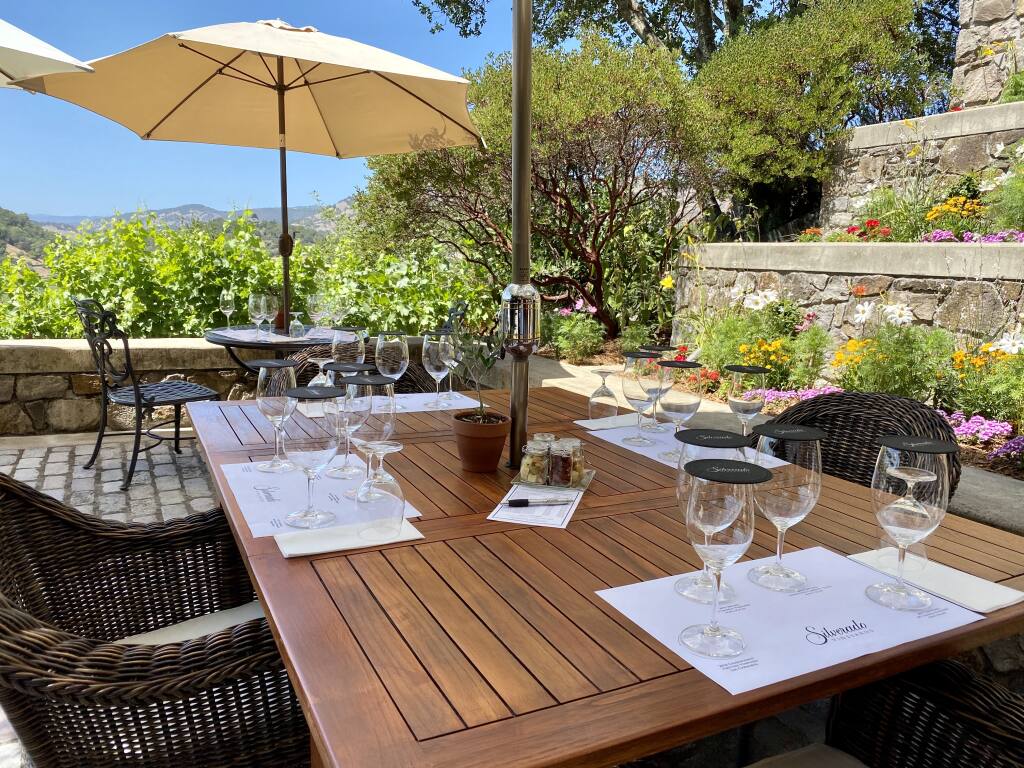 The tasting experience at Silverado Vineyards during the coronavirus pandemic now includes prefilled glasses before guests are seated. As of July 9, 2020, all tasting must be done outside in Napa County at least through July 30. (courtesy photo)