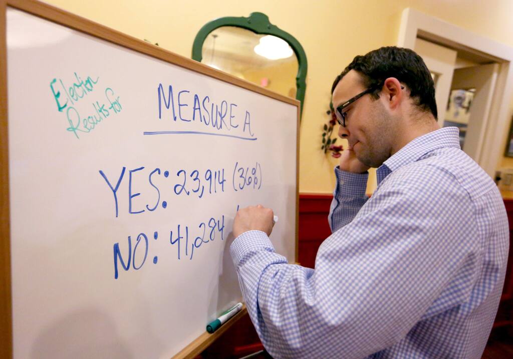 Ryan Rabellino, a supporter for Measure A, writes down the absentee ballot results during a gathering at Mary's Pizza Shack in downtown Santa Rosa, Tuesday, June 2, 2015. (CRISTA JEREMIASON / The Press Democrat)
