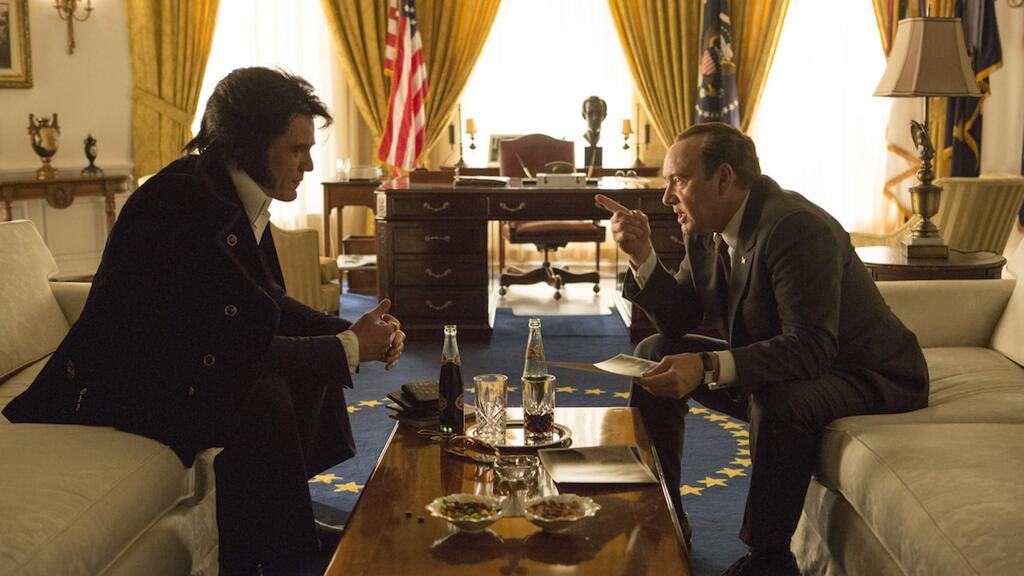 Bleecker StreetMichael Shannon as Elvis Presley and Kevin Spacey as Richard Nixon in the comedy 'Elvis & Nixon,' about Elvis' 19780 visit to the White House and requests for an urgent meeting with Nixon, to swear him in as an undercover agent in the Bureau of Narcotics and Dangerous Drugs.