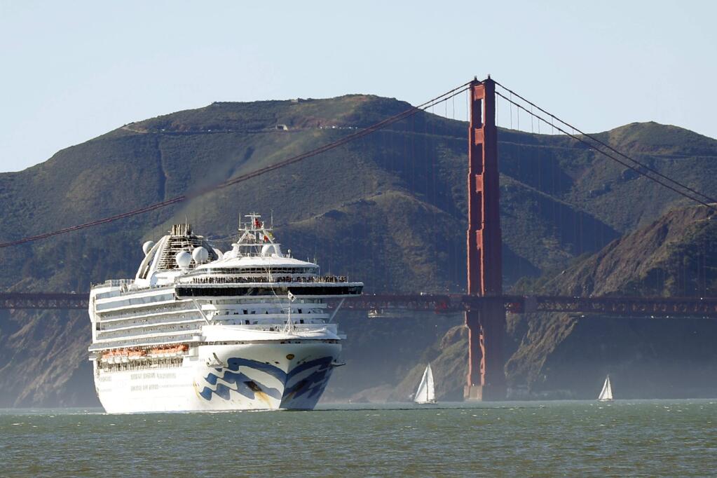 The Grand Princess cruise ship passes the Golden Gate Bridge as it arrives from Hawaii in San Francisco on Feb. 11. (SCOTT STRAZZANTE / San Francisco Chronicle)