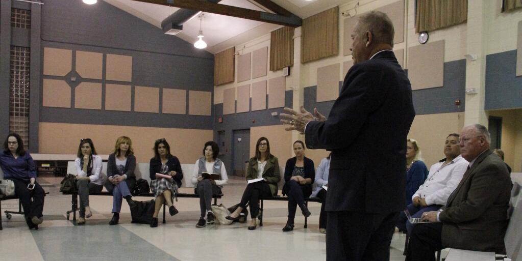 Bill Hoban/Index-TribuneRich Thome, a recruiter with Leadership associates, talks to community members during a session back in February about the school district's search for a new superintendent.