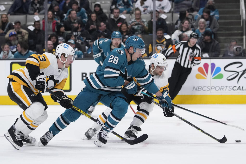 San Jose Sharks right wing Timo Meier (28) moves the puck while defended by Pittsburgh Penguins center Teddy Blueger, right, during the first period of an NHL hockey game in San Jose, Calif., Tuesday, Feb. 14, 2023. (AP Photo/Godofredo A. Vásquez)