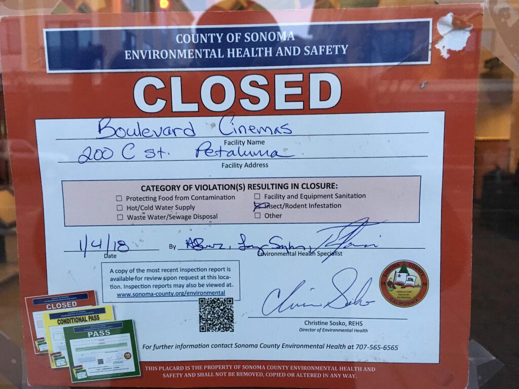 CLOSURE: Boulevard Cinemas was closed for just over 24 hours by County health inspectors. After passing an early evening inspection on Friday, the facility has now been reopened.