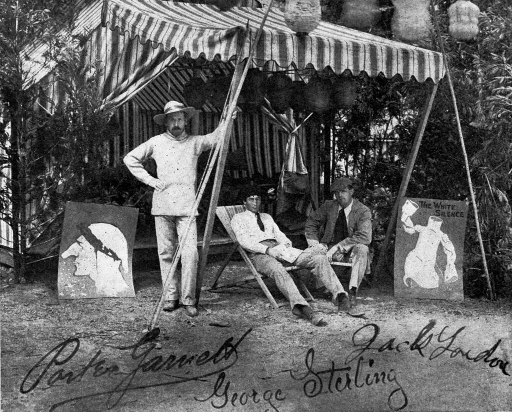 Porter Garnett, George Sterling and novelist Jack London pose for a portrait at the Bohemian Grove in the early 1900s. The image was published along with Porter Garnett's story, “Forest Festivals of Bohemia,” in The Pacific Monthly in September 1907. (Wikimedia Commons)