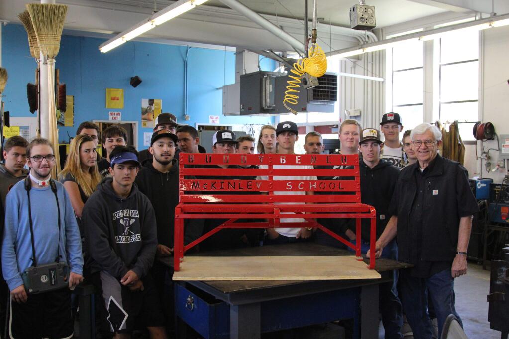STEVEN COZZA PHOTOTeacher Dan Sunia with the Petaluma High School Metal Shop class that made the first Buddy Bench to be installed at McKinley Elementary School on Oct. 3.
