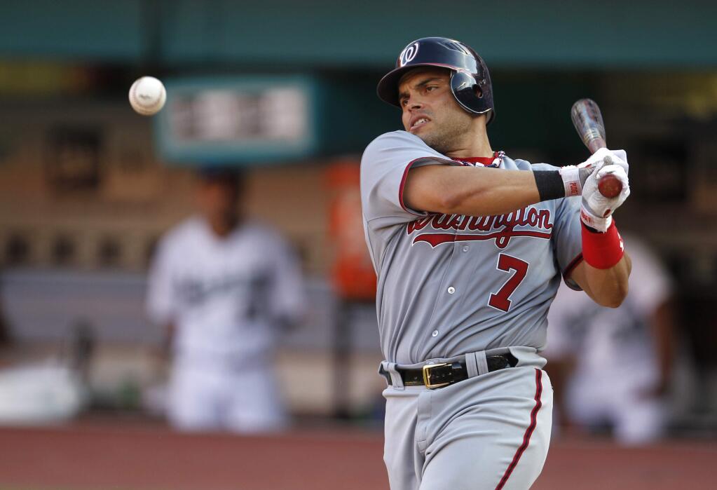 Washington Nationals' Ivan Rodriguez bats against the Florida Marlins in Miami, Wednesday, Sept. 28, 2011. (AP Photo/Lynne Sladky)