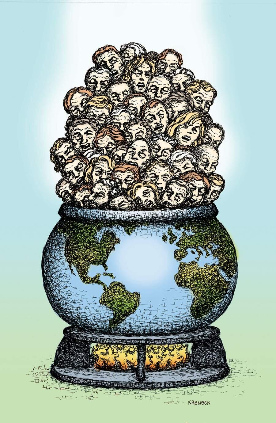 This artwork by Kevin Kreneck relates to the global warming and population increase.