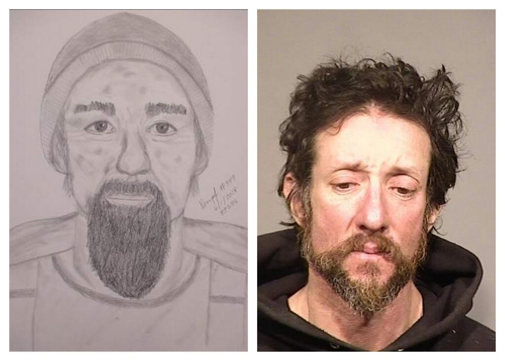 Matthew Madrid, right, in an undated jail booking photo, and a police sketch that led to his arrest on Wednesday, June 6, 2018. (ROHNERT PARK DEPARTMENT OF PUBLIC SAFETY)