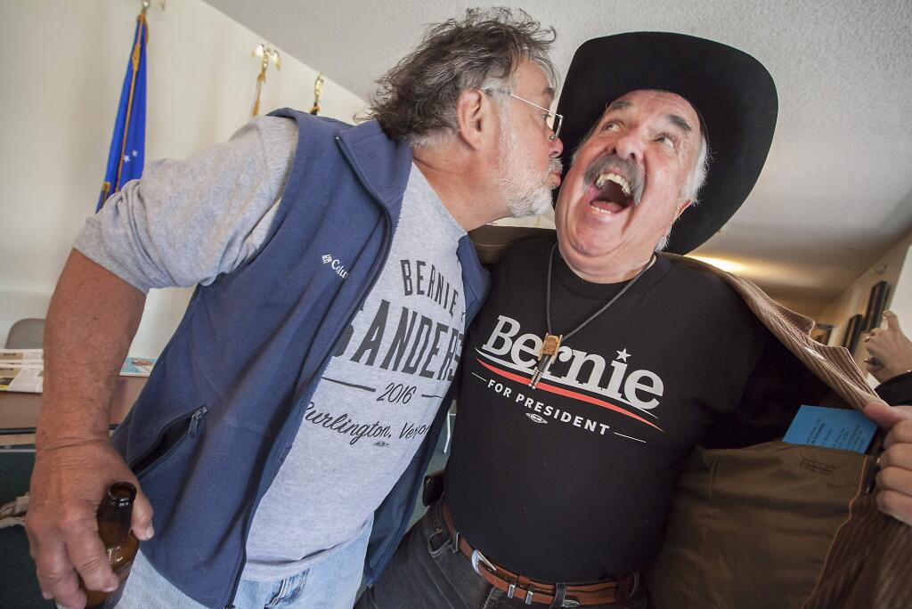Gregg Montgomery (left) and Lil Petey Babcock were among the Sonomans who were enthusiastically 'Feeling the Bern' on Sunday, April 24, at the Blues and Barbecue fundraiser for presidential candidate Bernie Sanders, in the Veterans Memorial Center. (Photos by Robbi Pengelly/Index-Tribune)