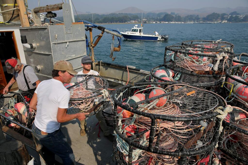 Deckhands Donny Fraits, center, and Mike Bartnick help Frank Blagg, left, owner of the boat, Acme, load crab pots preparation for the start of commercial crab fishing at Spud Point Marina on Monday, November 12, 2018 in Bodega Bay, California . (BETH SCHLANKER/The Press Democrat)