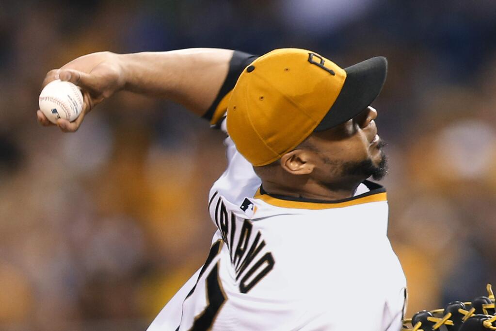 Pittsburgh Pirates starter Francisco Liriano pitches against the San Francisco Giants during the first inning of a baseball game, Sunday, Aug. 23, 2015, in Pittsburgh. (AP Photo/Keith Srakocic)