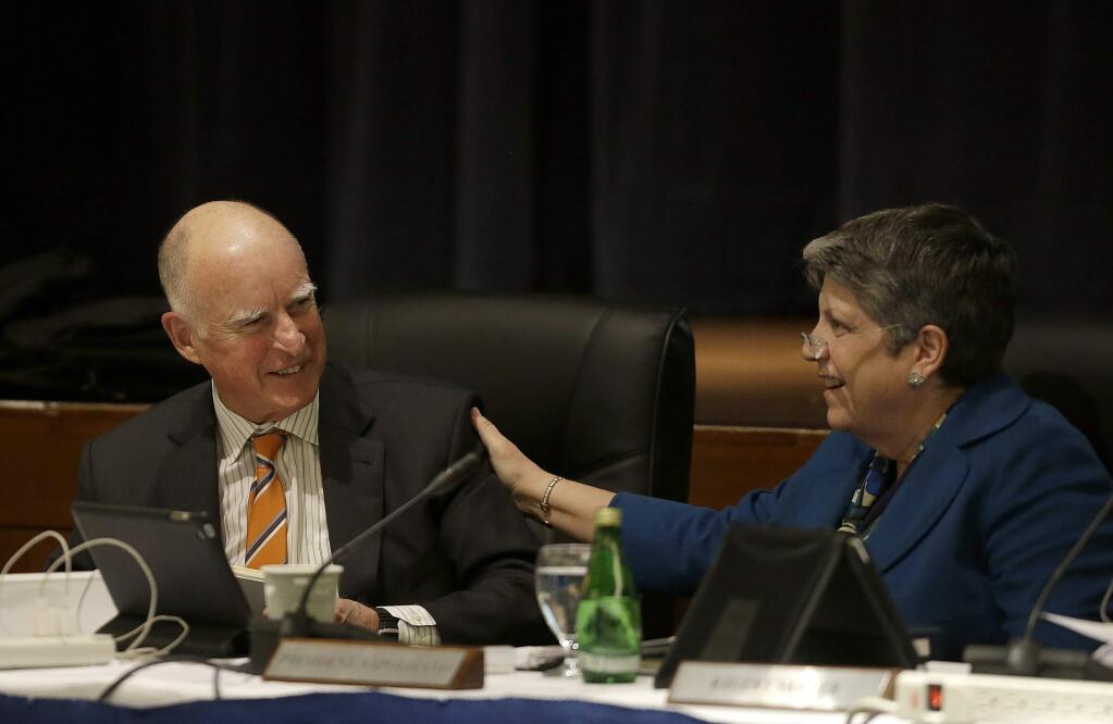 Gov. Jerry Brown and UC President Janet Napolitano at a Board of Regents meeting last year. (JEFF CHIU / Associated Press)