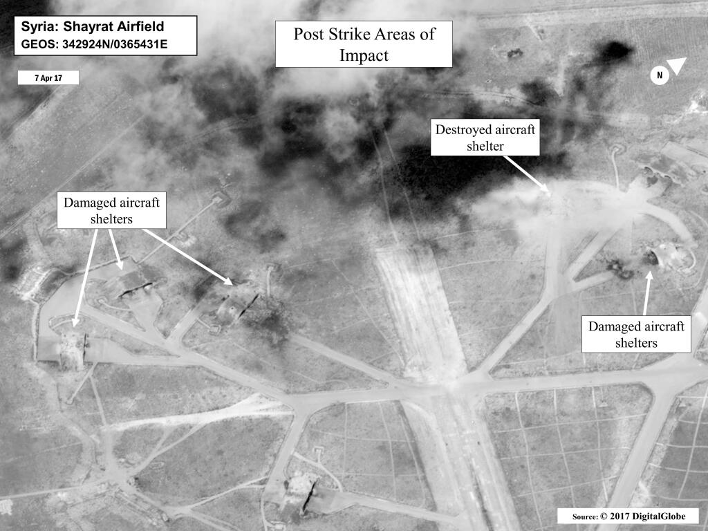 A satellite image shows damage at the Syrian air base struck by U.S. cruise missiles in retaliation for a chemical attack on Syrian civilians. (U.S. Defense Department)