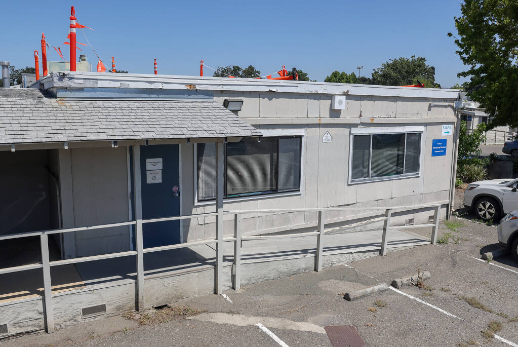 The portable used as the Teaching and Learning Conference Room at the Santa Rosa City Schools district office is condemned due to mold and other issues in Santa Rosa, Wednesday, Aug. 2, 2023. (Christopher Chung / The Press Democrat)
