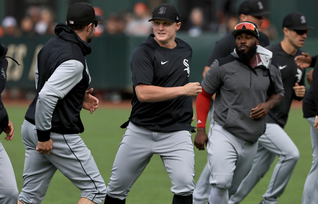Chicago White Sox designated hitter Andrew Vaughn, a Maria Carrillo High School and Cal standout, limbers up prior to playing the Giants on Friday, July 1, 2022, at Oracle Park in San Francisco. (Kent Porter / The Press Democrat)