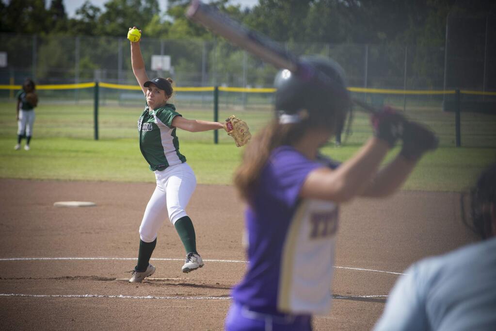 Alissa Orr was on the mound for the Sonoma Valley-Kennedy NCS playoff game at the high school on Friday, May 26. The Lady Dragons game out swinging for five runs in the first and won going away, 14-8. (Photo by Robbi Pengelly/Index-Tribune)