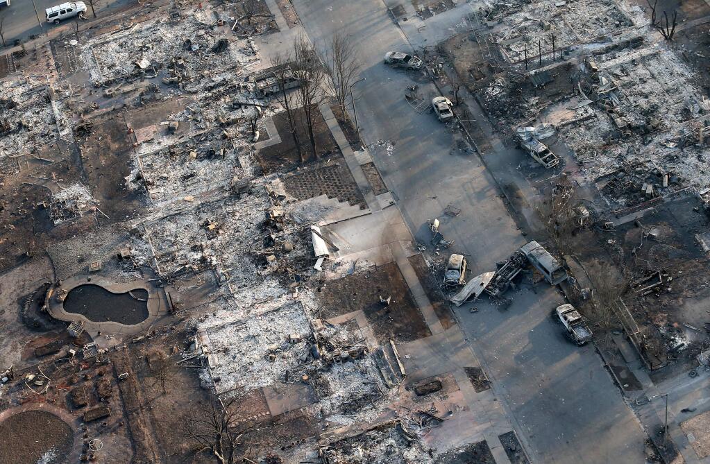 An aerial view of the Coffey Park neighborhood, which was devastated by the Tubbs fire. (JOHN BURGESS / The Press Democrat)