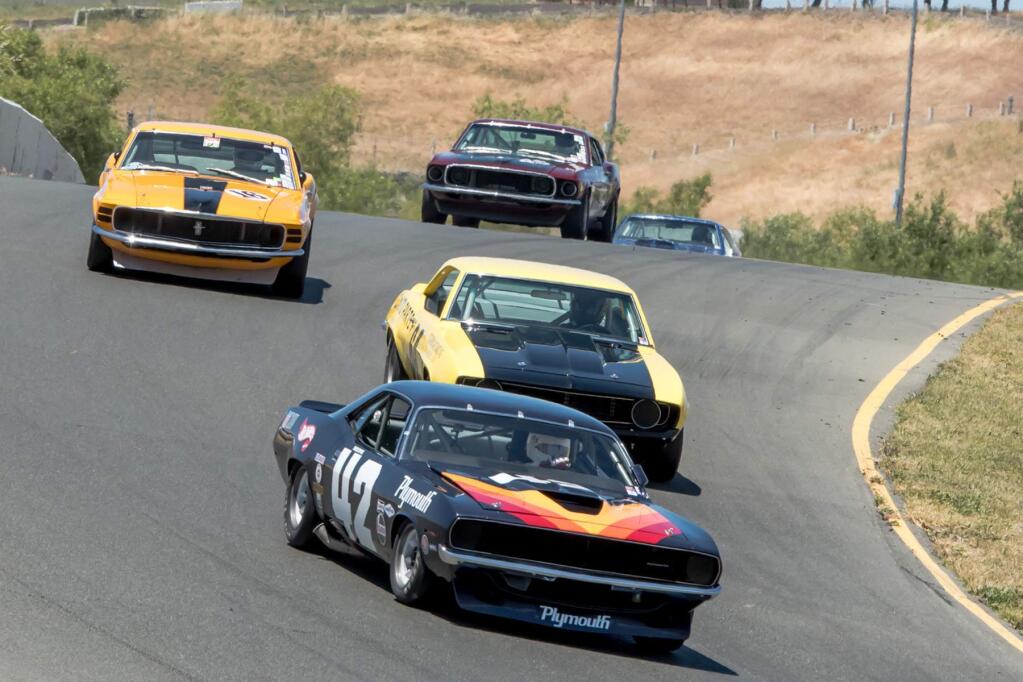 A 24-car field of Historic Trans Am muscle cars, including Mustangs, Camaros, Javelins, Firebirds and Cougars, will hit the track for races on Saturday and Sunday, Sept. 15 and Sept. 16. (Sonoma Raceway)