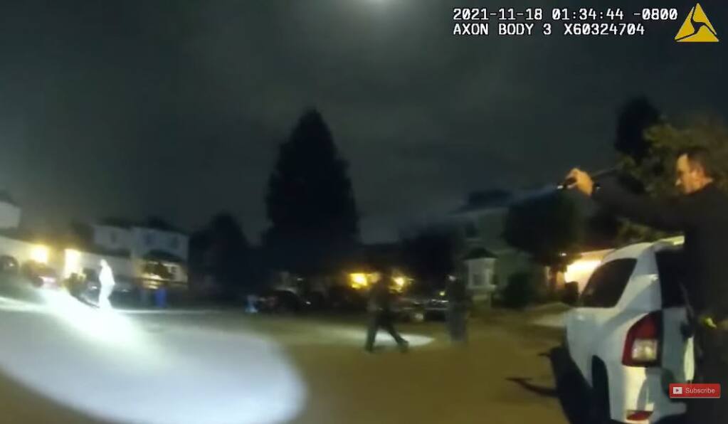 A screenshot from video showing the scene on Peach Court in Santa Rosa prior to a man’s death after a violent encounter with police on Nov. 18, 2021. (Santa Rosa Police)