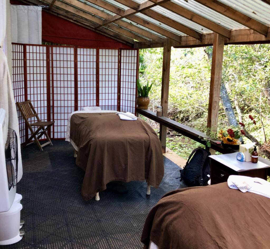 Osmosis near Occidential is able to conduct massages in its pagodas that have walls open to the air in the coronavirus pandemic. (Michael Stusser photo)