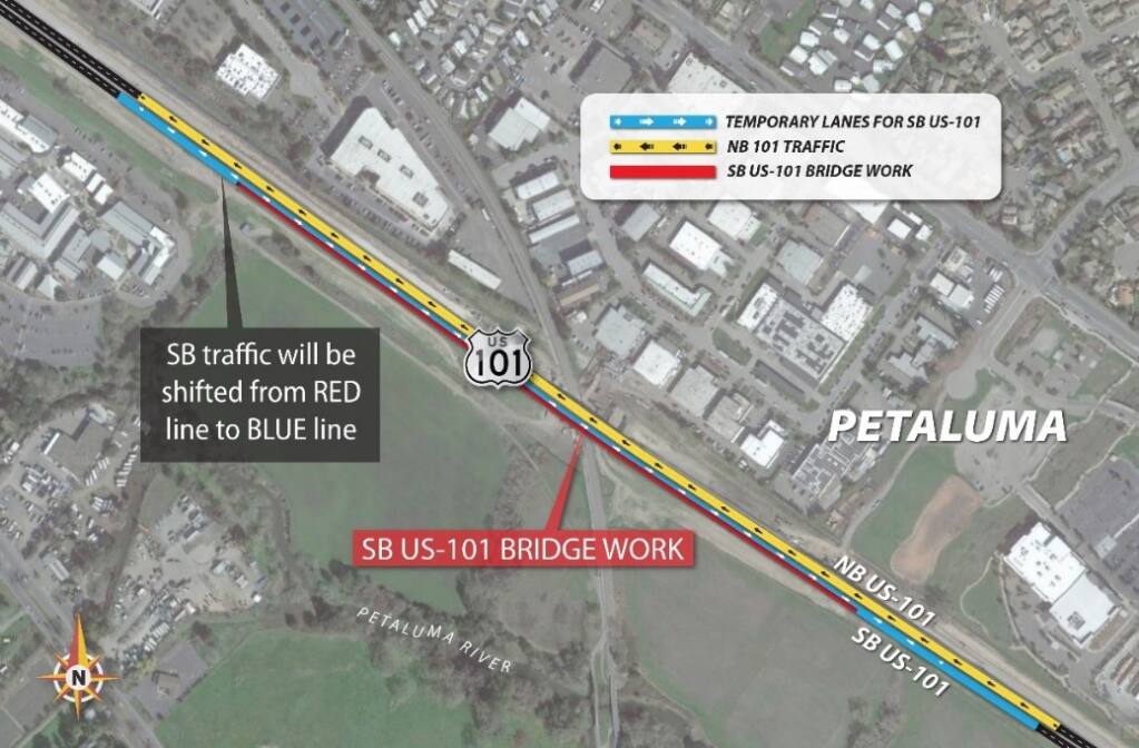 This diagram shows where a portion of Highway 101 will be demolished as part of its widening project. Demolition is scheduled to begin Monday, Oct. 11, 2021 and affect southbound traffic. (Caltrans)