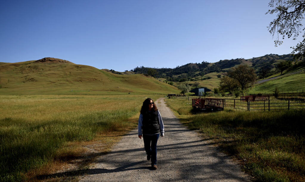 Cheryl LaFranchi's Oak Ridge Ranch was severely damaged during the Kincade fire as it swept off the Mayacamas Mountains, background, in Knights Valley, Thursday, April 7, 2022. (Kent Porter / The Press Democrat) 2022