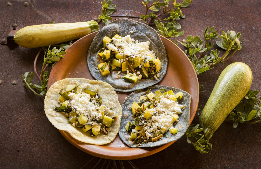 Squash and Purslane Tacos with handmade tortillas from Tierra Vegetables is a delicious summer lunch. (John Burgess/The Press Democrat)