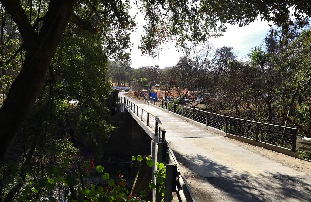 The bridge over Mark West Creek, on Wikiup Bridge Way, has been rebuilt. The former bridge was destroyed in the Tubbs fire.(Christopher Chung/ The Press Democrat)