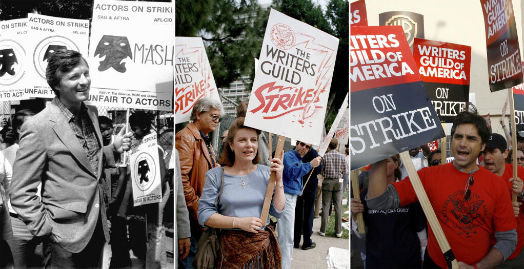 This combination of photos shows, from left, actor Alan Alda from the series "M*A*S*H*" picketing Twentieth-Century Fox studios in Los Angeles, Aug. 6, 1980, actor Patty Duke with striking writers on the picket line at 20th Century Fox Studios in Los Angeles on March 8, 1988, and actor John Stamos, a cast member on "the medical drama ER," supports members of the Writers Guild of America, as they strike outside the Warner Bros. Television Studios in Los Angeles on Nov. 6, 2007. (AP Photo)