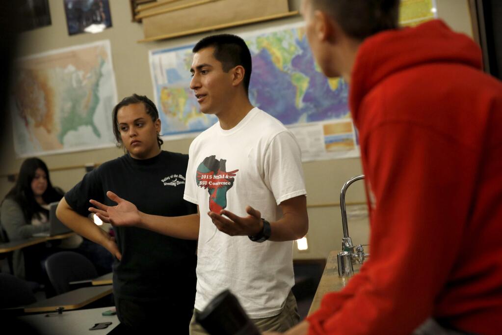 SRJC student Joseph Ruiz talks about about his life experience during a English 307 summer class, as part of the Summer Bridge and Hispanic Serving Institution programs at the Santa Rosa Junior College in Santa Rosa, on Thursday, July 9, 2015. (BETH SCHLANKER/ The Press Democrat)