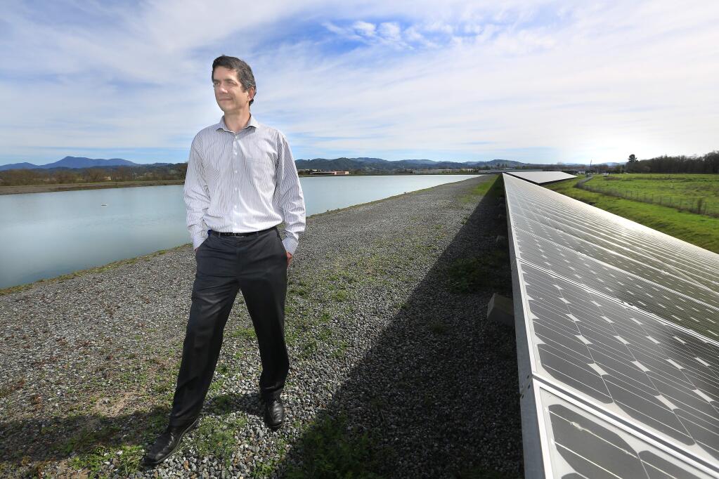 In this 2015 file photo, former Sonoma County Water Agency deputy chief engineer Cordel Stillman stands next to solar panels on a levee at a SCWA water treatment holding pond. Stillman is now director of programs at Sonoma Clean Power. (Kent Porter /The Press Democrat)