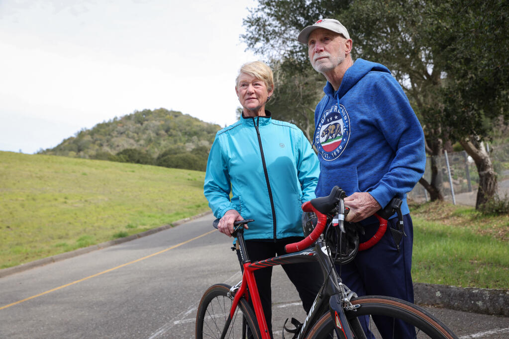 John Mills and his wife Patty Graham were on Santa Rosa Cycling Club bike ride near the entrance of Spring Lake Regional Park, at Newanga Avenue, when Mills suffered cardiac arrest on January 20. Fellow riders performed CPR on Mills until an ambulance arrived. Photo taken at Spring Lake Regional Park in Santa Rosa on Tuesday, February 21, 2023. (Christopher Chung/The Press Democrat)